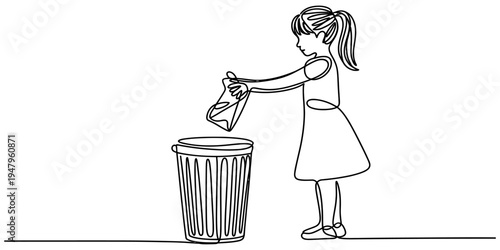Continuous Line Drawing of Girl Throwing Garbage Into Trash Can