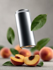 Sleek aluminum can floating among fresh peach halves and green leaves, modern beverage concept with natural fruit flavor