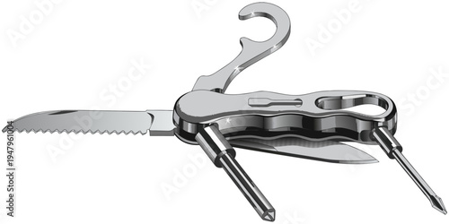 Garden scissors and metal tool isolated on white background illustration with closeup detail.