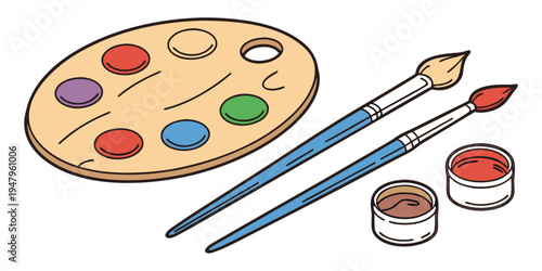 Artist palette with paint brushes and colorful paints for painting and art design illustration.