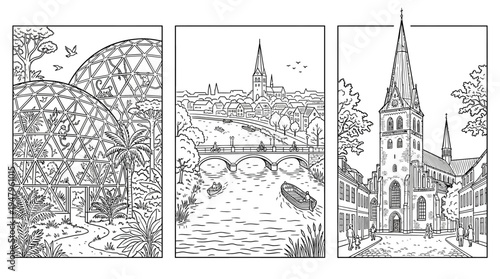 Triptych Of Cityscape River Scene And Greenhouse