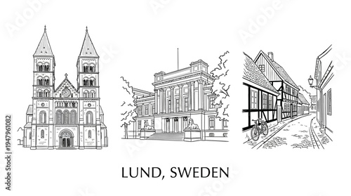 Lund Sweden Cityscape Trio Cathedral Theatre and Cobblestone Street