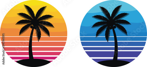Tropical palm tree sunset and ocean logo set, retro summer beach landscape badges with colorful sun background, island vacation vector illustration