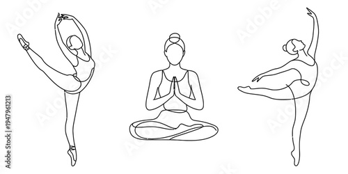 Continuous Line Drawing of Ballerinas and a Person Meditating Yoga