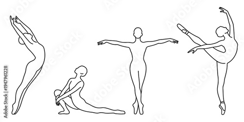Continuous Line Drawing Set of Ballerina Dancers in Various Poses