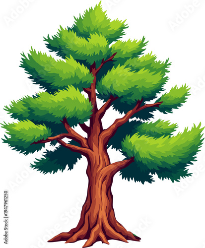 Large green leafy tree with thick trunk, natural forest plant illustration perfect for landscape designs, botanical artwork and outdoor nature themes