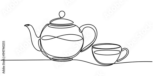 Continuous Line Drawing of a Teapot and Cup of Tea