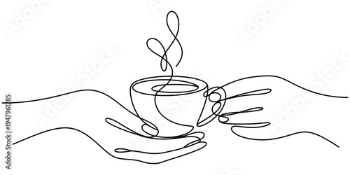 Continuous Line Drawing of a Teapot and Cup of Tea
