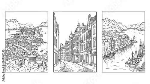 Triptych Of European Cityscapes Coastal Views Street Scenes And Harbor