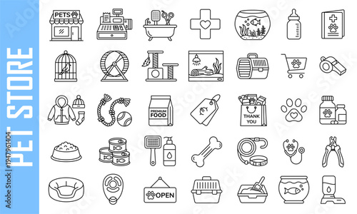 Pet store and vet clinic vector icon set. Outline illustrations of pet food, grooming, accessories, toys, and veterinary care items. Minimalist linear style for zoo market.