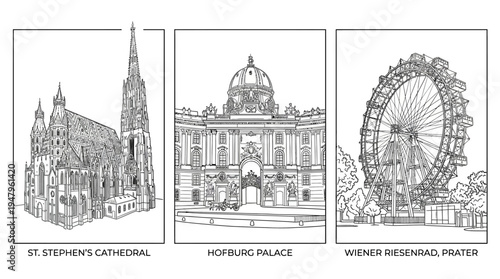Line Art Triptych of Iconic Viennese Landmarks St. Stephen's Cathedral Hofburg Palace and Wiener Rie