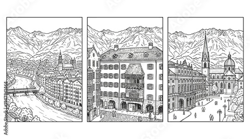 Triptych Alpine Cityscape with River and Buildings