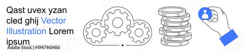 Business automation, financial systems, user management, technology integration, data management, networking. Gears, stacked coins hand with user icon. Business automation and financial systems