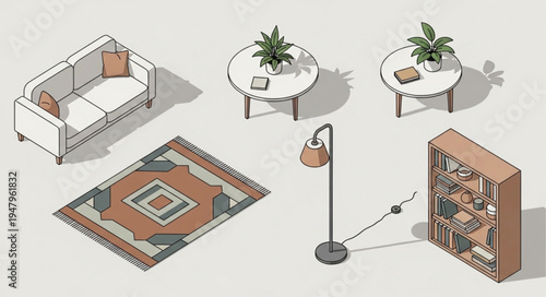Isometric Living Room Furniture Arrangement with Plants and Warm Tones.