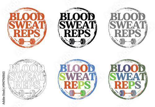 Six diverse circular stamps display blood sweat reps text over dumbbell icons.