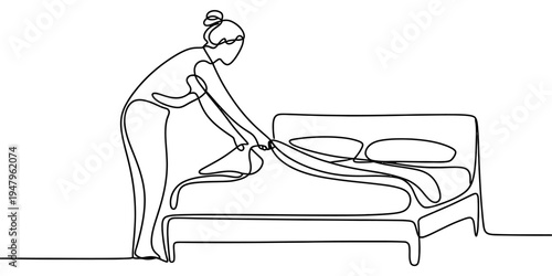 Woman making bed housekeeping continuous line minimal vector illustration design