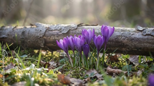 Beautiful purple crocus flowers blooming on a sunny forest floor in early spring