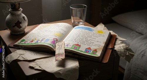 Child's Opened Diary Filled with Drawings and Writing