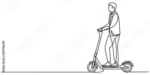 Man riding electric scooter continuous line minimal transport vector illustration