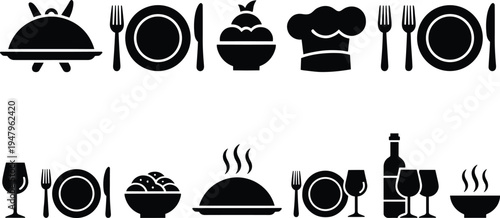 Dining silhouette icons, chef hat, utensils, serving dish, wine glass, dessert bowl, steaming food, restaurant, culinary, kitchen, cooking, meal, beverage