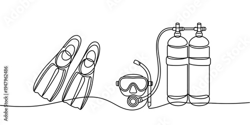 Scuba diving equipment continuous line minimal underwater sport vector illustration