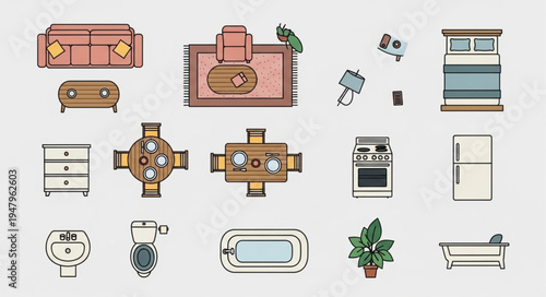 Overhead view of furniture and fixtures for interior design planning.