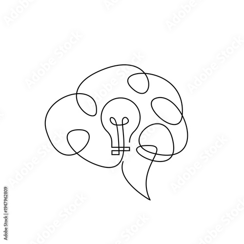 Continuous Line Drawing of Human Brain with Light Bulb Symbolizing Idea, Creativity, and Innovation