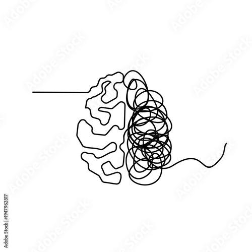 Abstract Continuous Line Art of Brain Illustrating Organized and Tangled Thoughts, Representing Mental Clarity and Confusion