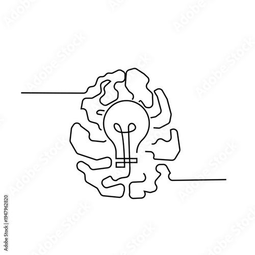 Creative thinking concept, minimalist one line drawing of a brain with a light bulb