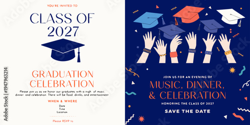 Graduation Celebration Invitations 2027 – Elegant Blue and Orange Designs for Class of 2027 Events with Music, Dinner, and Festive Graphics | Printable Graduation Party Templates