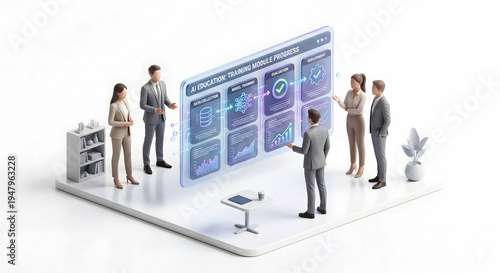 AI教育モジュールの進捗状況を共有・確認するビジネスチームの3Dイラスト