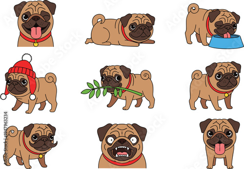 Set of cute pug dog character illustrations featuring various poses and expressions like winking, eating, wearing a winter hat, and a funny mustache