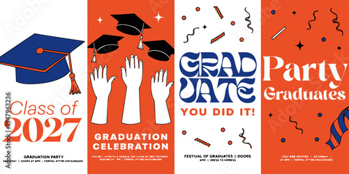 Graduation Party Banners 2027 – Bold Orange and Blue Designs for Class of 2027 Celebrations with Caps, Confetti, and Festive Graphics | Printable Graduation Posters & Invitations