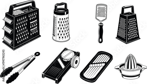 Set of kitchen utensil icons featuring black and white vector illustrations of cheese graters, food slicers, mandolines, citrus juicers, and metal cooking tongs for cooking.
