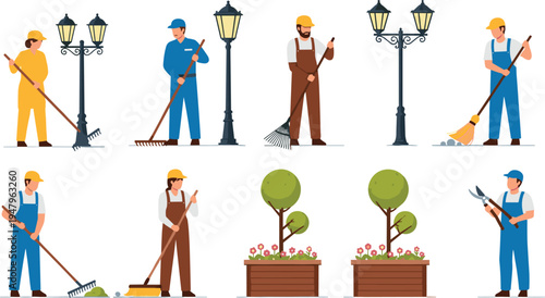 Set of professional city maintenance workers and gardeners cleaning streets with rakes and brooms while pruning plants near street lamps in flat vector style