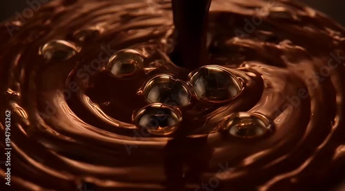 Captivating closeup of luscious, molten chocolate being poured and forming bubbles