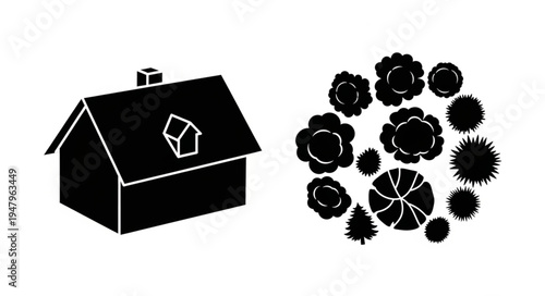 Silhouette of a House and Garden Plants Illustration.