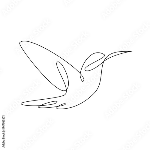 Minimalist one line drawing of a flying hummingbird, elegant continuous line art illustration on white background.