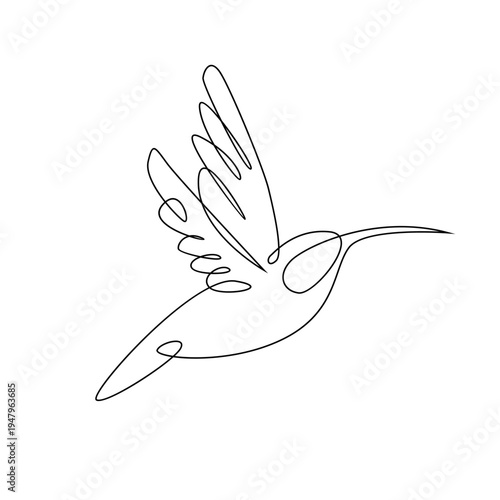 Minimalist Continuous Line Art Drawing of a Flying Hummingbird