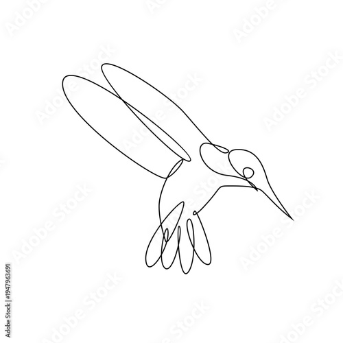 One Continuous Line Drawing of a Hummingbird in Flight, Minimalist Vector Art