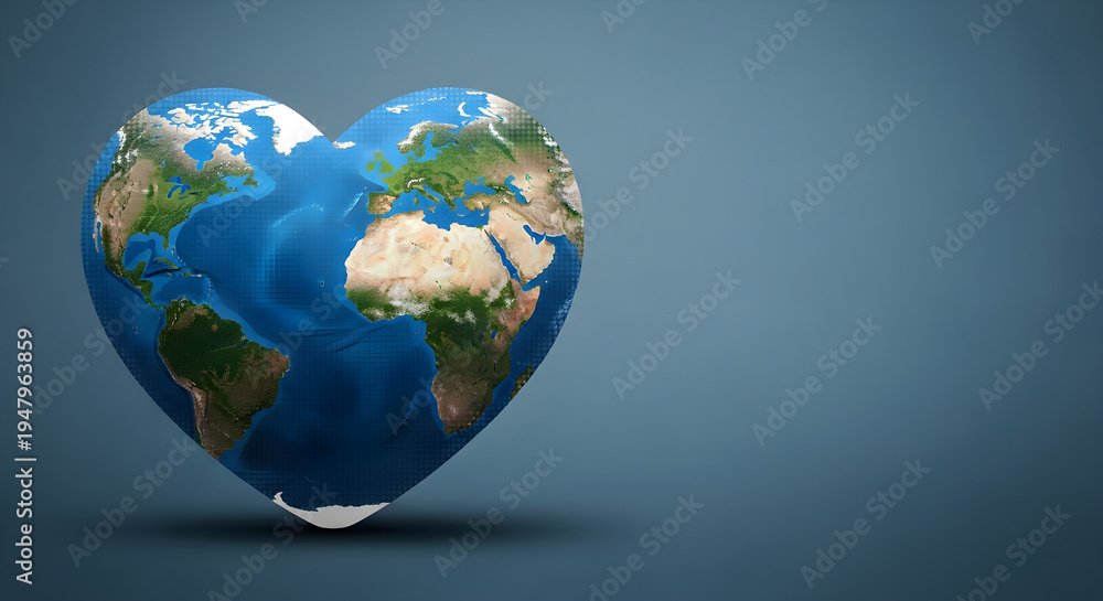 Fototapeta premium Heart shaped earth globe on blue background