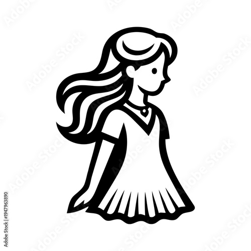 Logotipo de boutique de moda infantil. Dibujo sencillo con líneas de una niña de pie con un vestido, vista de perfil