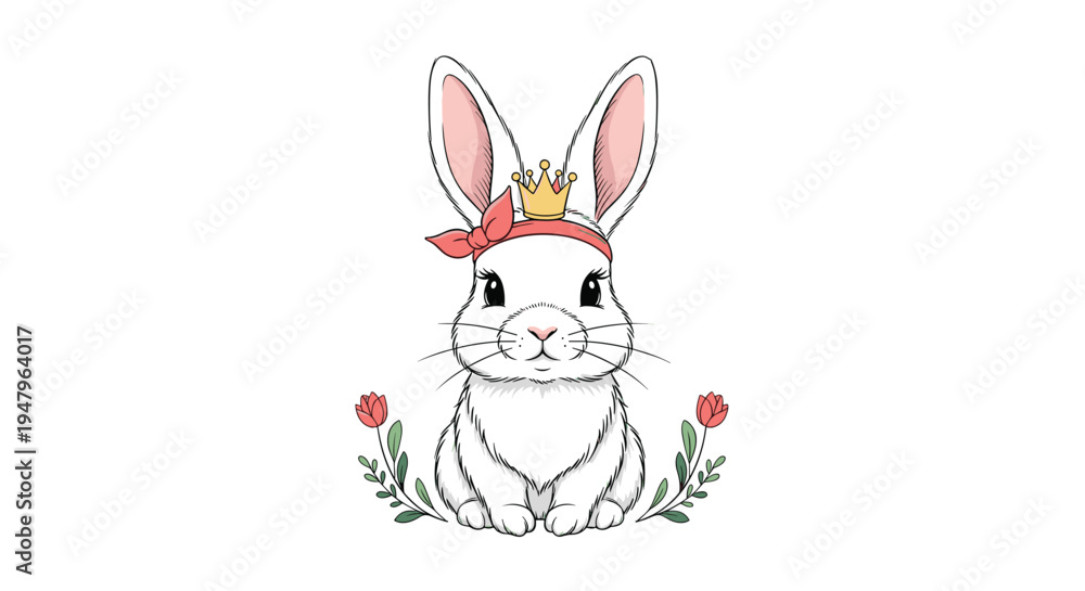 Obraz premium Sweet white rabbit wearing a pink bow and a golden crown surrounded by delicate pink roses and green leaves.