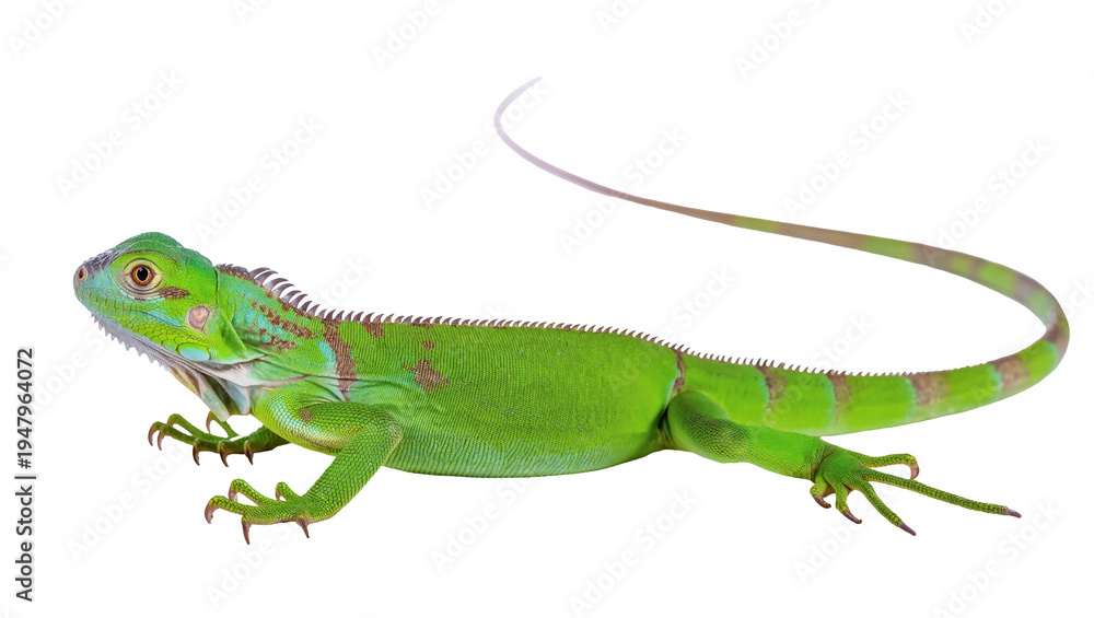 Obraz premium Isolated young green iguana on a blank backdrop, exotic tropical reptile close-up studio shot.