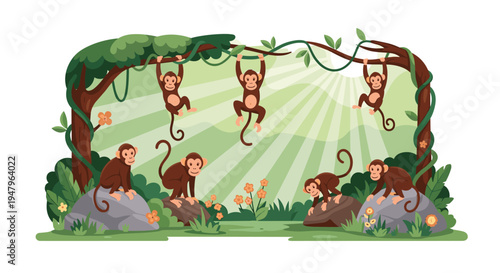 Group of playful brown monkeys swinging from vines and sitting on rocks in a beautiful sunlit jungle environment.