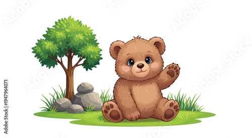 Adorable brown teddy bear sitting in a green grassy field next to a leafy tree and several large rocks in the park.