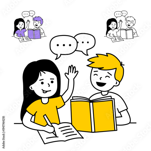 Two children boy and girl are learning and communicating