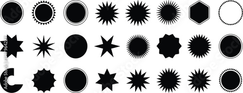 Collection of black shapes and starbursts on white background circle hexagon abstract