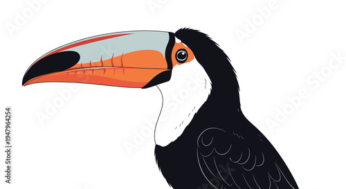Detailed profile view of a colorful toucan bird with a large orange beak and black feathers isolated on a clean white background.