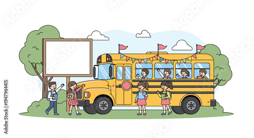 School bus parked near a blank wooden sign with happy children waving from the windows and walking outside in a sunny park setting.